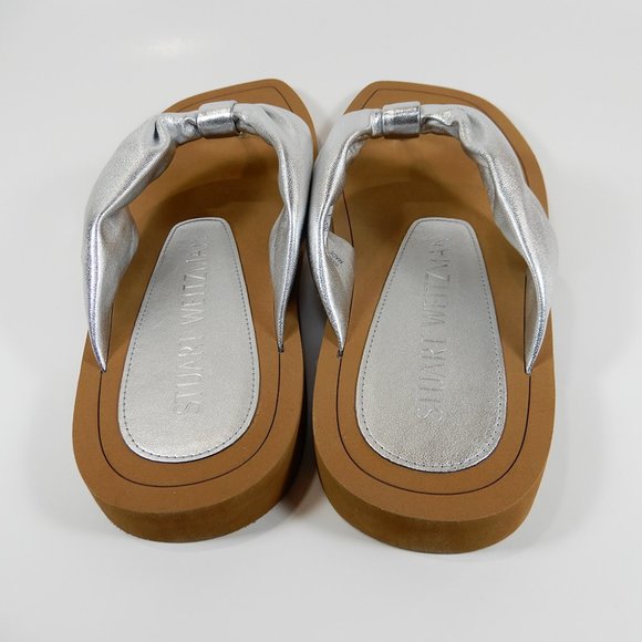 STUART WEITZMAN Cassie Flat SANDALS Size 37 6.5 Silver Metallic Leather NEW $250 - Picture 4 of 10